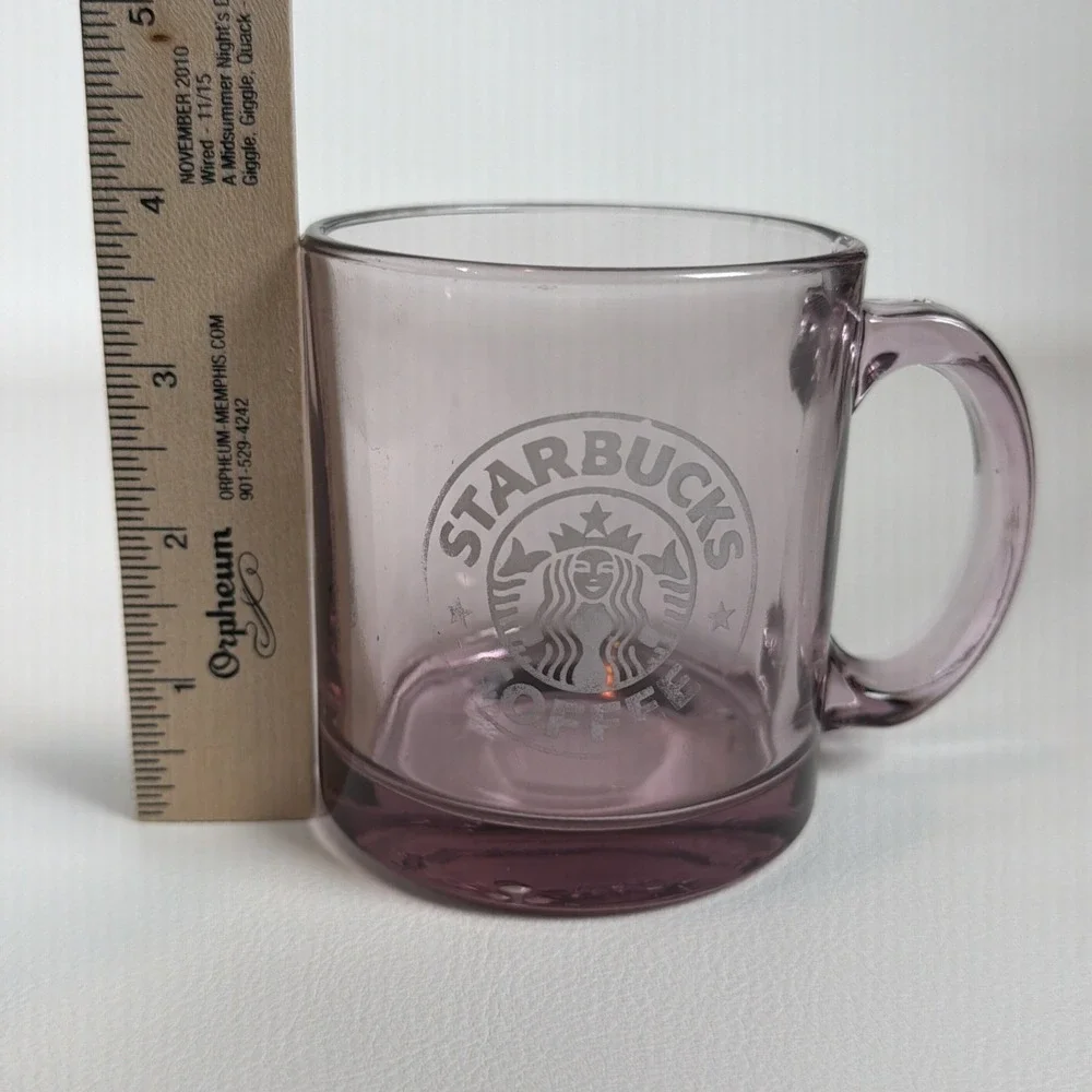 Vintage Starbucks Coffee Mug 1990s Clear Rose Pink Glass Etched Logo Made in USA